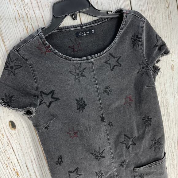 Max Jeans Denim Dress XS Gray Stars Print Short Sleeve Pockets Scoop Neck Grunge - Picture 3 of 6